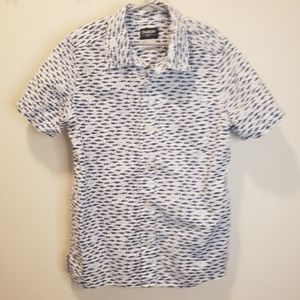 OshKosh B'Gosh blue and white boys button down Shark print shirt Size 10